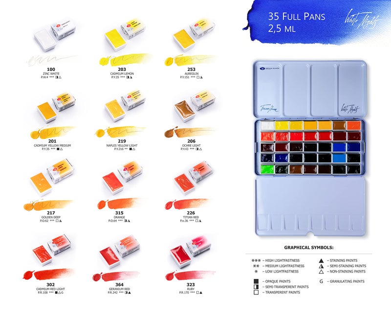 White Nights Extra Fine Watercolor Set 35 Full Pans (2.5ml), Artist-Grade, High-Pigment, Vibrant & Lightfast Colors in Durable Metal Case, Art Supplies by Nevskaya Palitra - Image 5